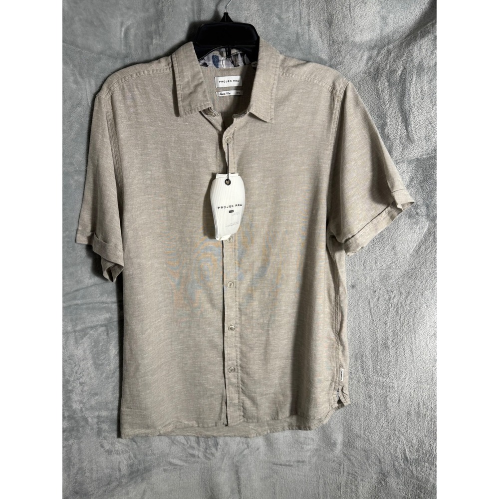 Projek Raw Mens Natural Linen Blend Short Sleeve Button Down‎ Shirt M light